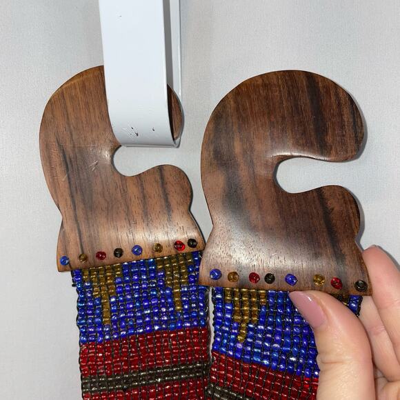 Beaded Belt Blue Yellow Red Handmade Wooden Buckle Vintage VTG Tribal - Picture 3 of 8